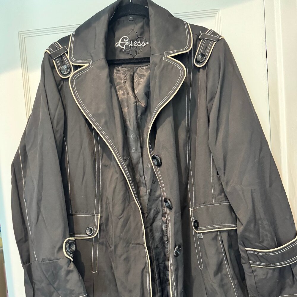 Guess Black Trench Coat with White Piping and Belt 3x